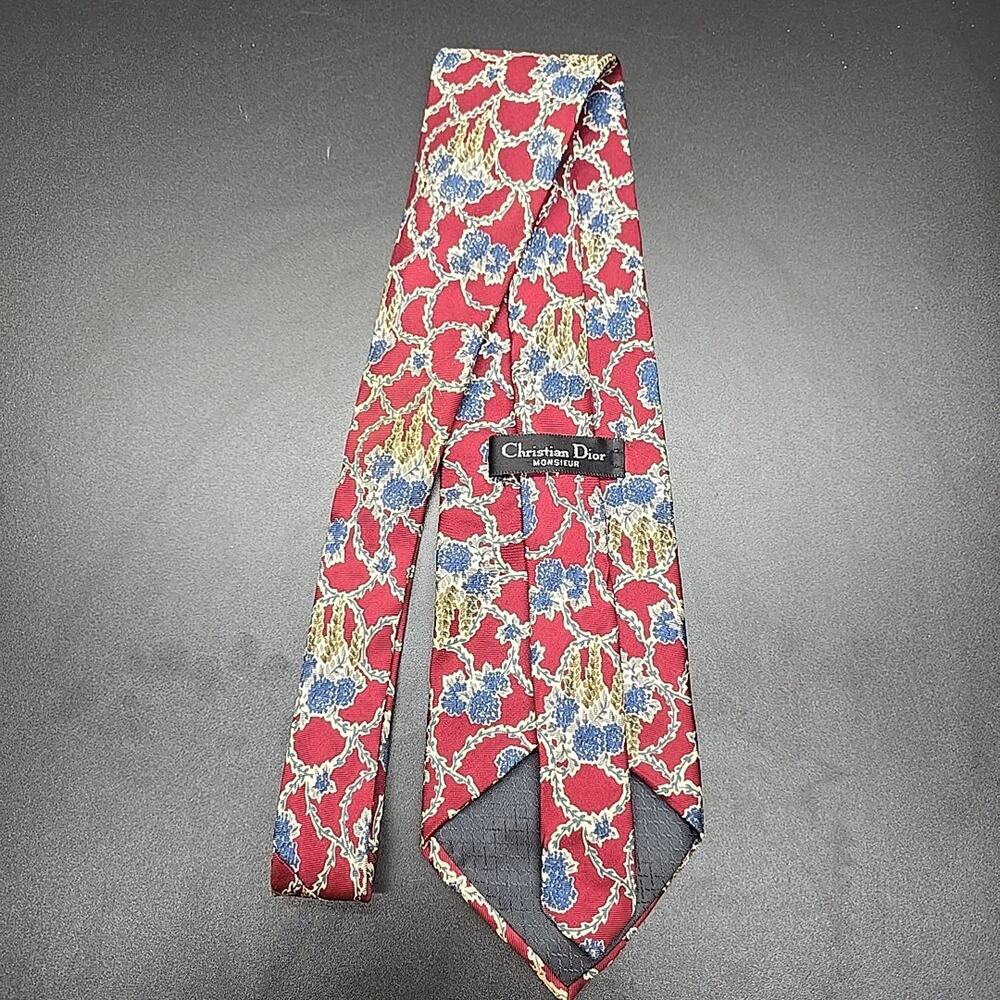 Christian Dior Monsieur Silk Tie Red Blue Floral Lattice Made in USA Italy